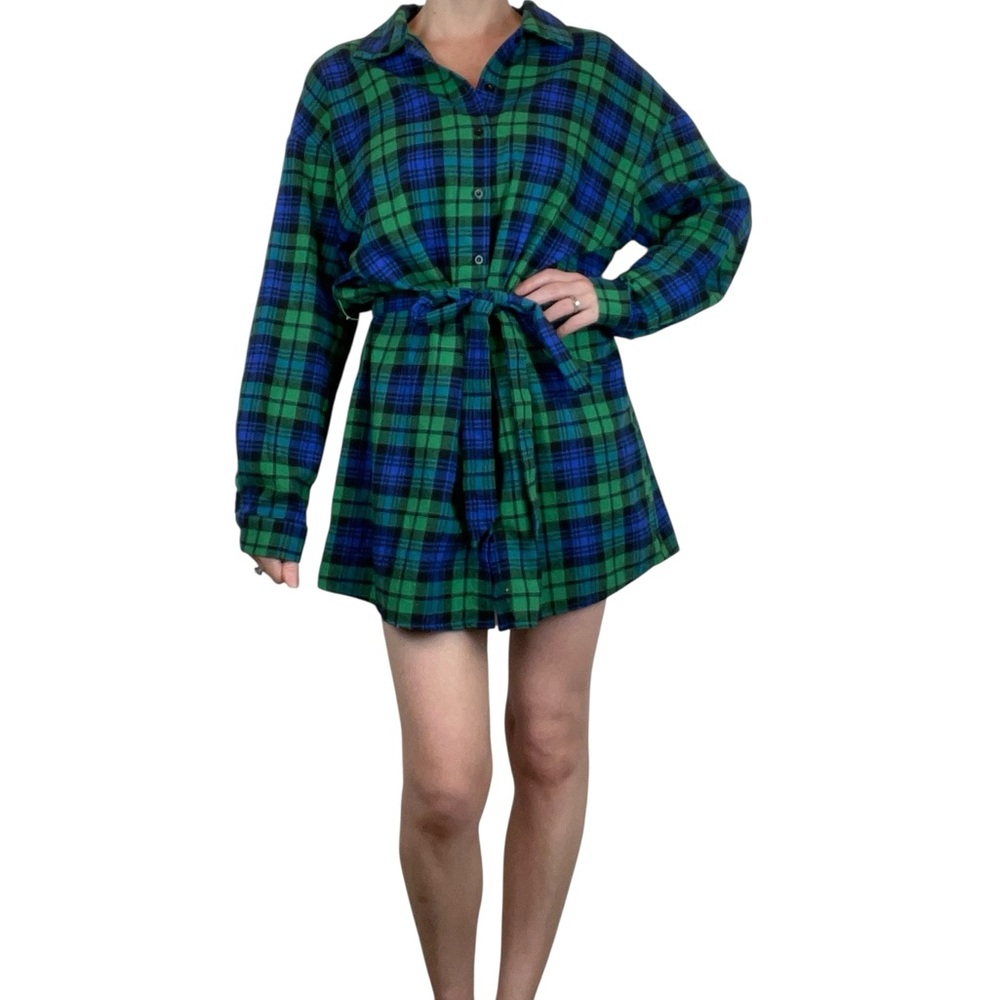 SHEIN Plaid Shirt Dress Women’s Medium Green Blue Button Down Belted Tunic